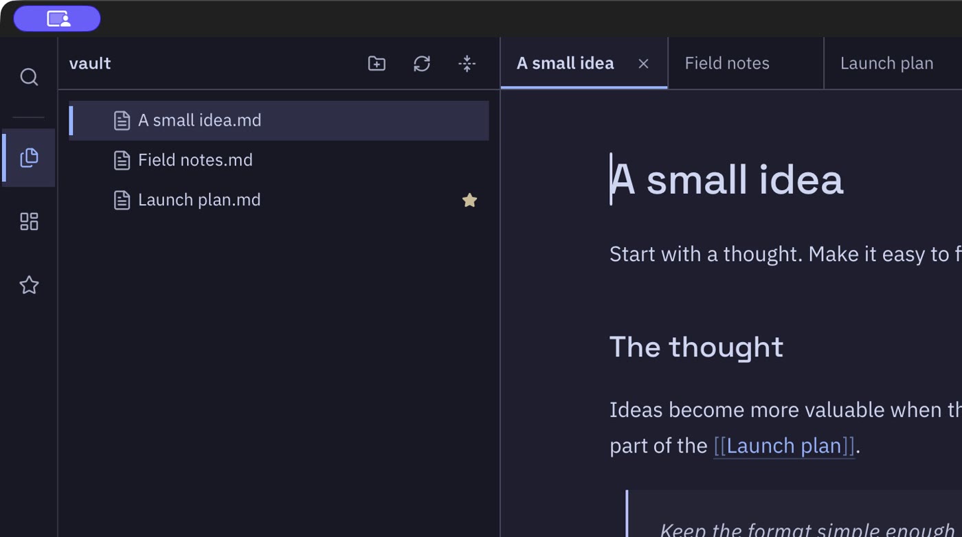The vault sidebar listing three Markdown files