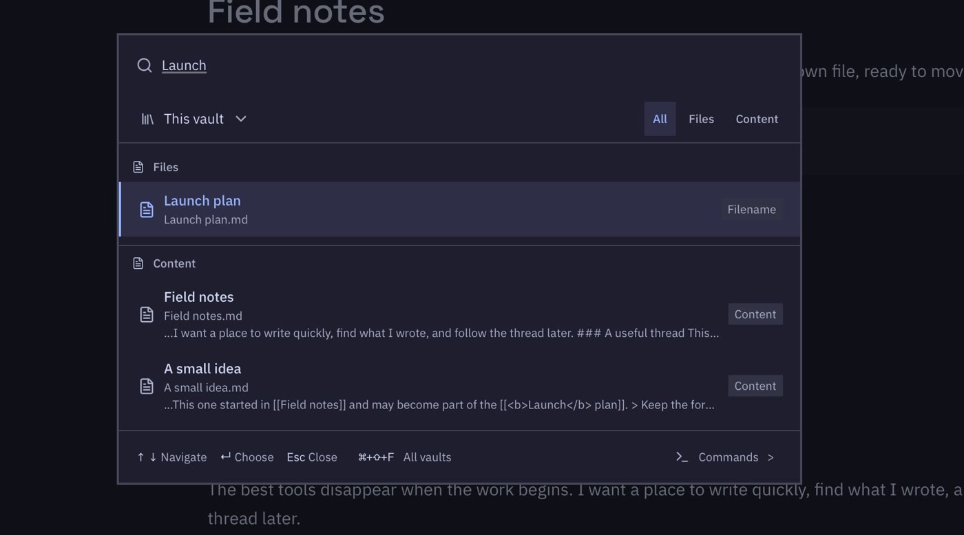 Search results for launch, including a note title and matching note content