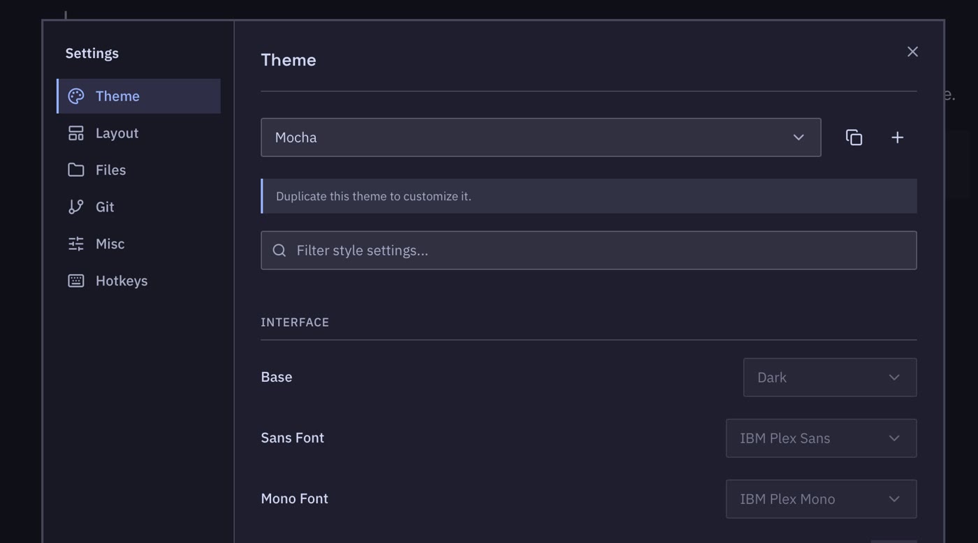 Theme settings showing the Mocha theme and appearance options